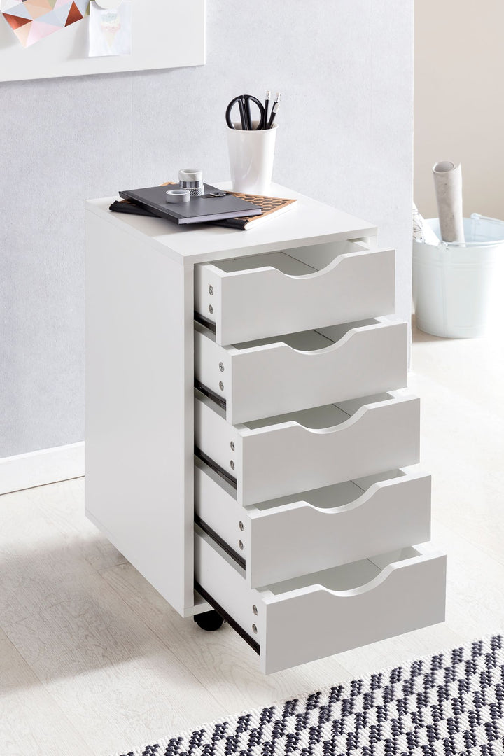 Hvid rullecontainer med 5 skuffer - Skrivebordscontainer i spånplade - Melaminbelagt skuffecontainer - Mobilt kontormøbel