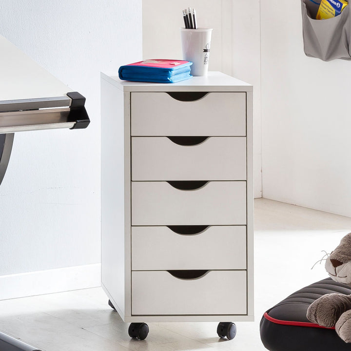 Hvid rullecontainer med 5 skuffer - Skrivebordscontainer i spånplade - Melaminbelagt skuffecontainer - Mobilt kontormøbel