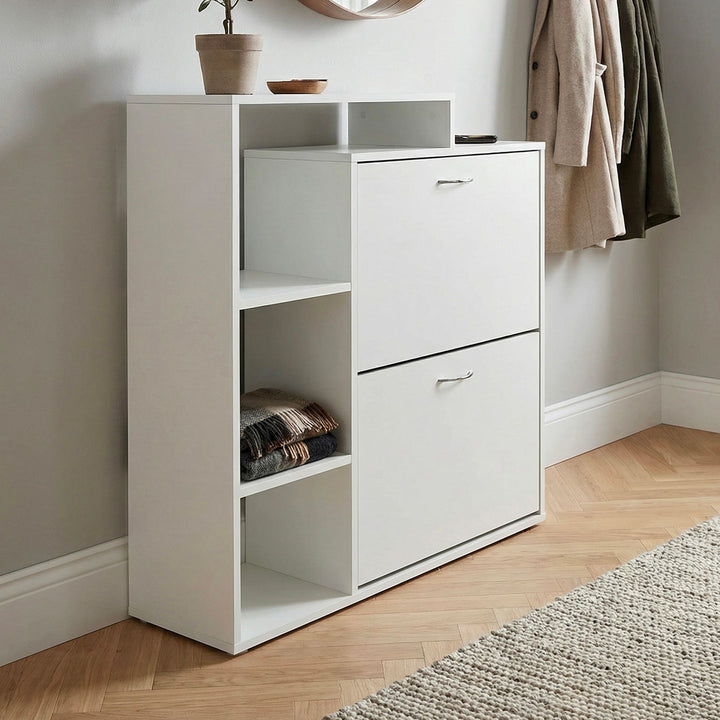 Moderne skoskab i træ med 2 rum, hvidt, 12 par sko, skoskab 85 x 24 x 93 cm