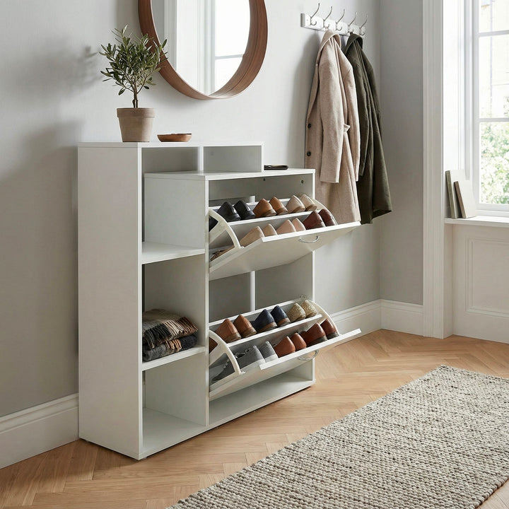 Moderne skoskab i træ med 2 rum, hvidt, 12 par sko, skoskab 85 x 24 x 93 cm