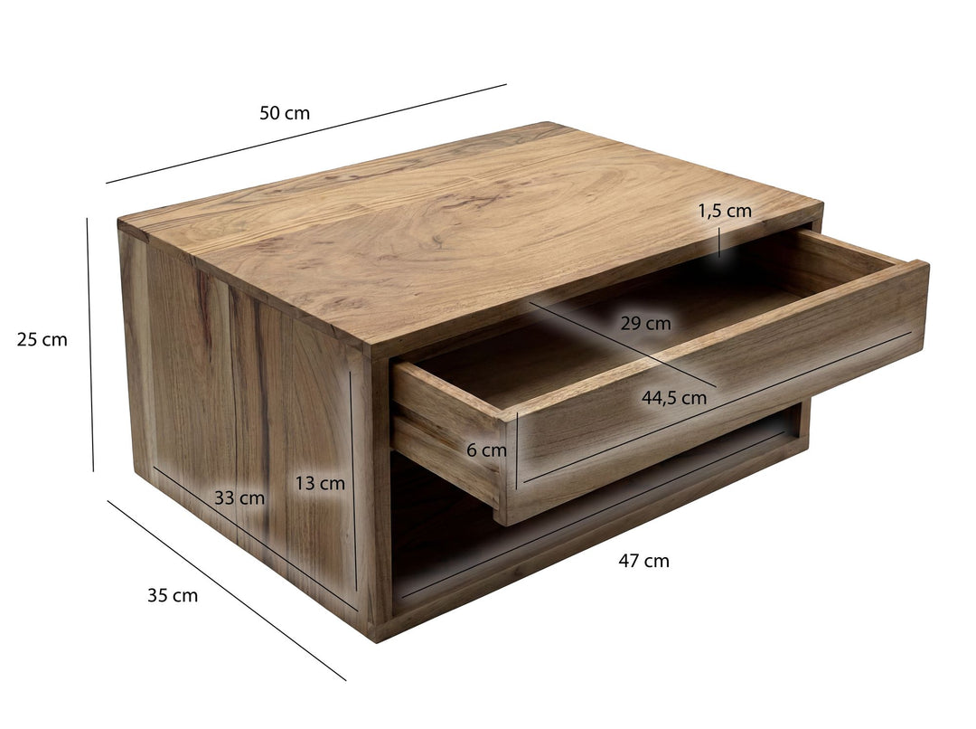 Svævende natbord i massivt akacietræ med skuffe og hylde - 50 x 35 cm - Håndlavet