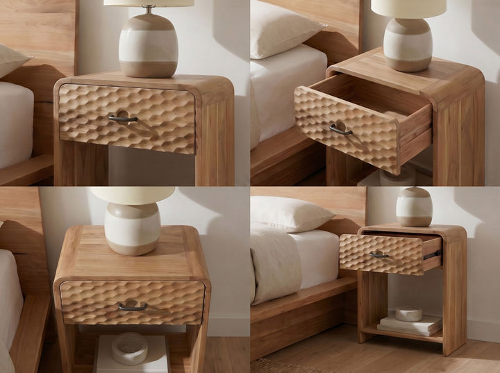Natbord i massivt mangotræ 54 cm – moderne natbord med skuffe – højt sengebord med opbevaringsplads