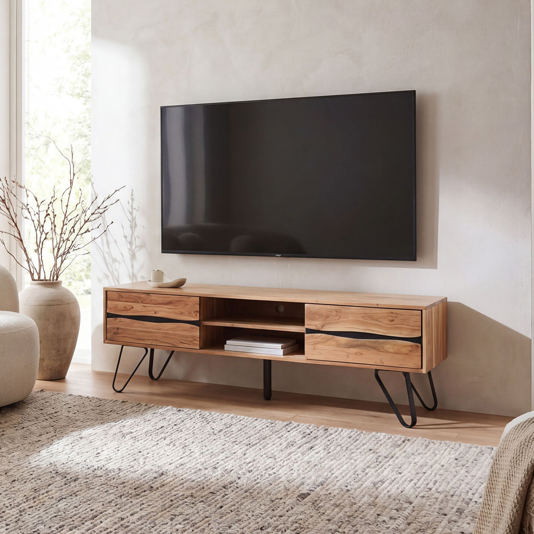 TV-bord i massivt akacietræ med bølgede fronter – 160 cm