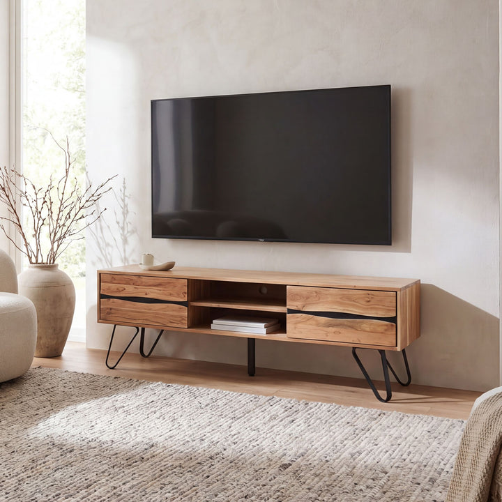 TV-bord i massivt akacietræ med bølgede fronter – 160 cm