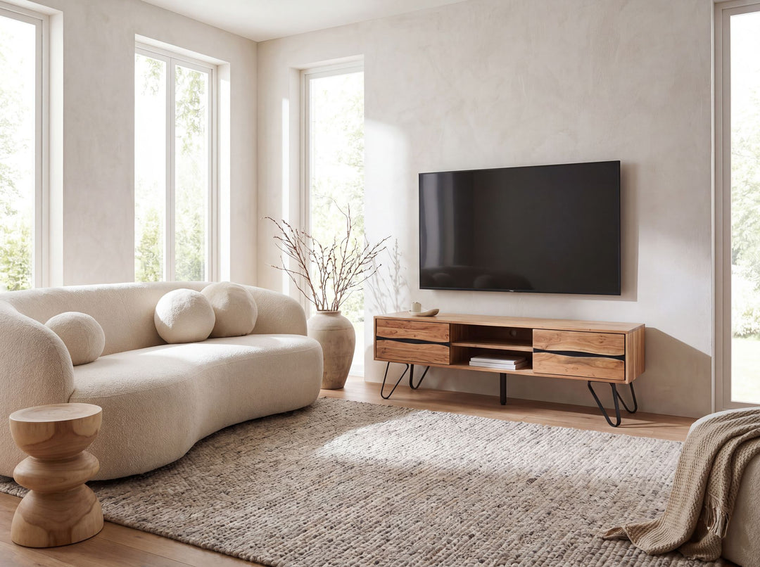 TV-bord i massivt akacietræ med bølgede fronter – 160 cm