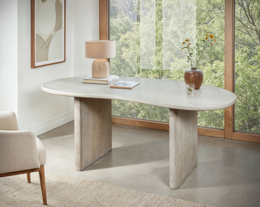 Designer skrivebord 180x90x75 cm i massivt træ, computerbord retro-stil, hjemmekontor skrivebord, nyreformet i hvid