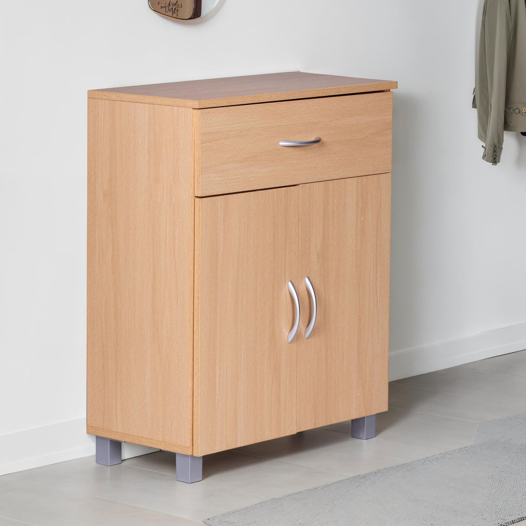 Skoskab med skuffe og 2 døre 60×75×30 cm, bøgetræslook, pladsbesparende skoskab lavet af melaminbelagt spånplade, entremøbel, moderne skoreol