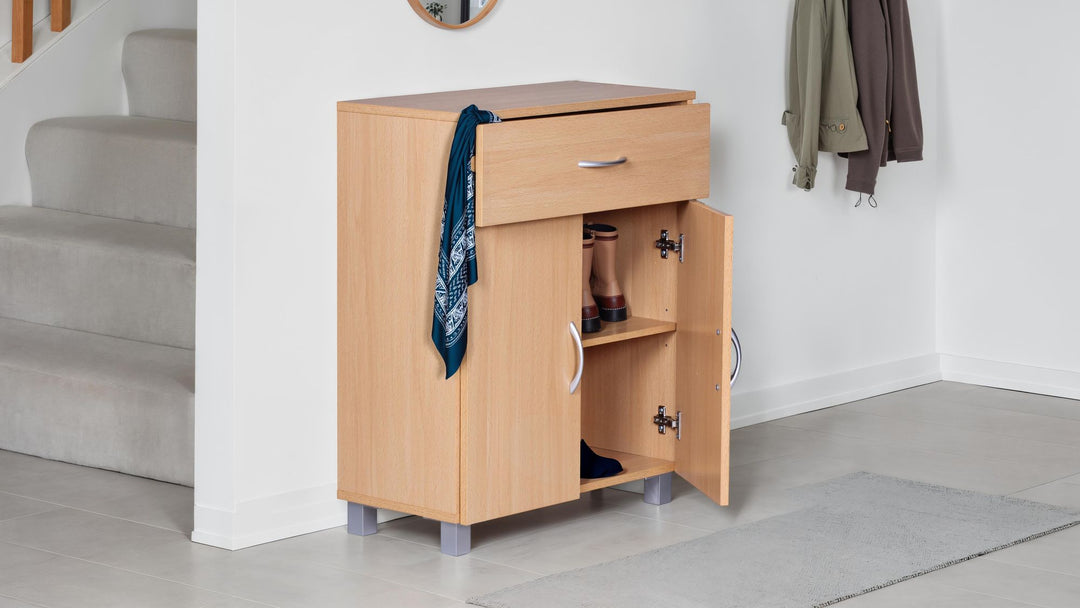 Skoskab med skuffe og 2 døre 60×75×30 cm, bøgetræslook, pladsbesparende skoskab lavet af melaminbelagt spånplade, entremøbel, moderne skoreol