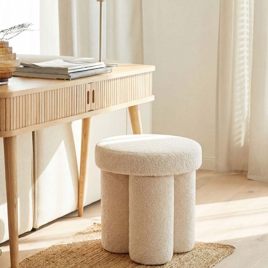 Puf i teddystof - Ø40 cm - Creme - Håndlavet