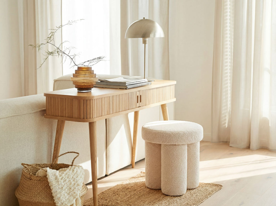 Puf i teddystof - Ø40 cm - Creme - Håndlavet