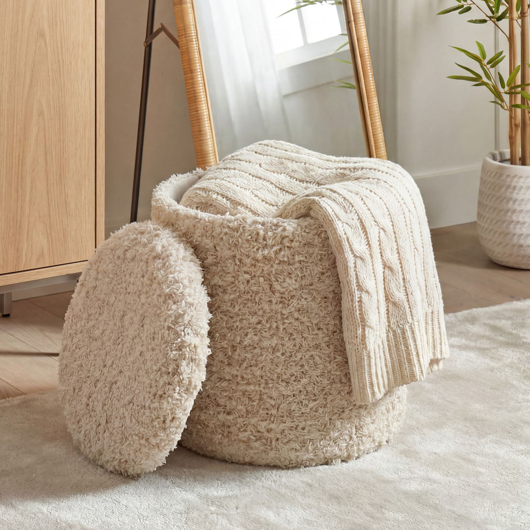 Puf med opbevaring i uld - Ø40 cm - Beige - Håndlavet