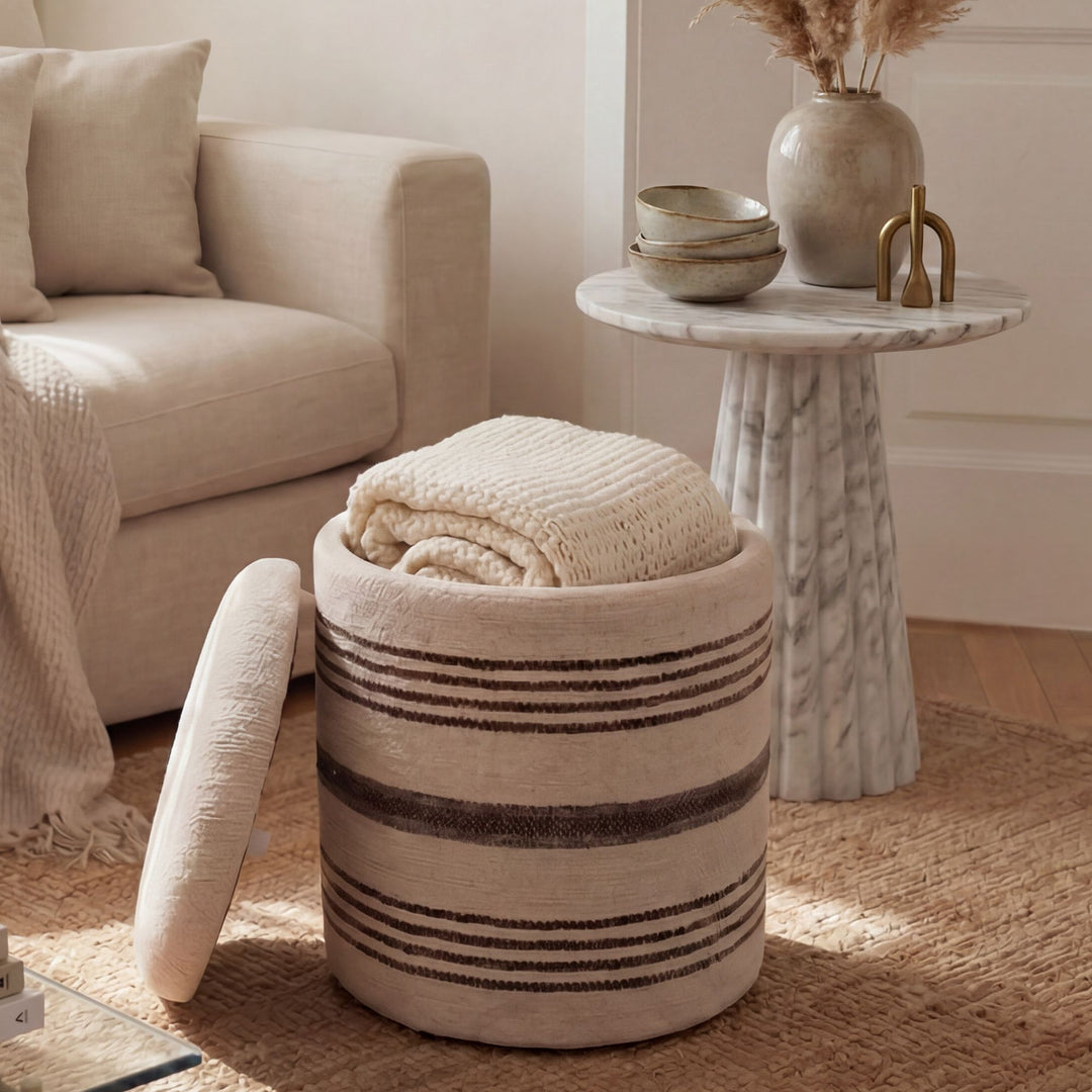 Puf med opbevaring i uld - Ø40 cm - Beige - Håndlavet