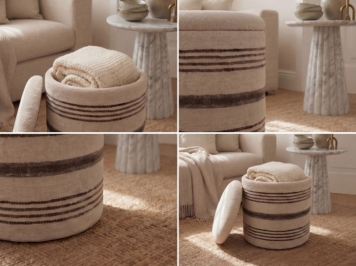Puf med opbevaring i uld - Ø40 cm - Beige - Håndlavet