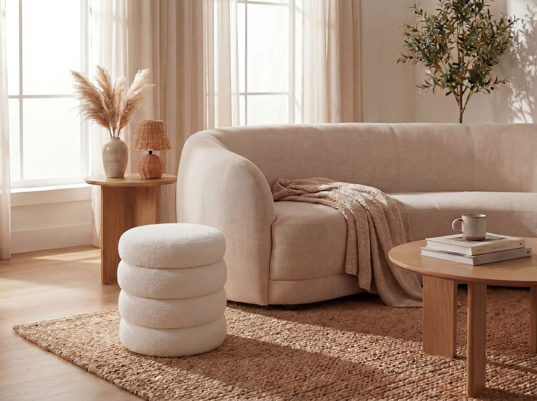 Puf med opbevaring i teddystof - Ø40 cm - Creme - Håndlavet