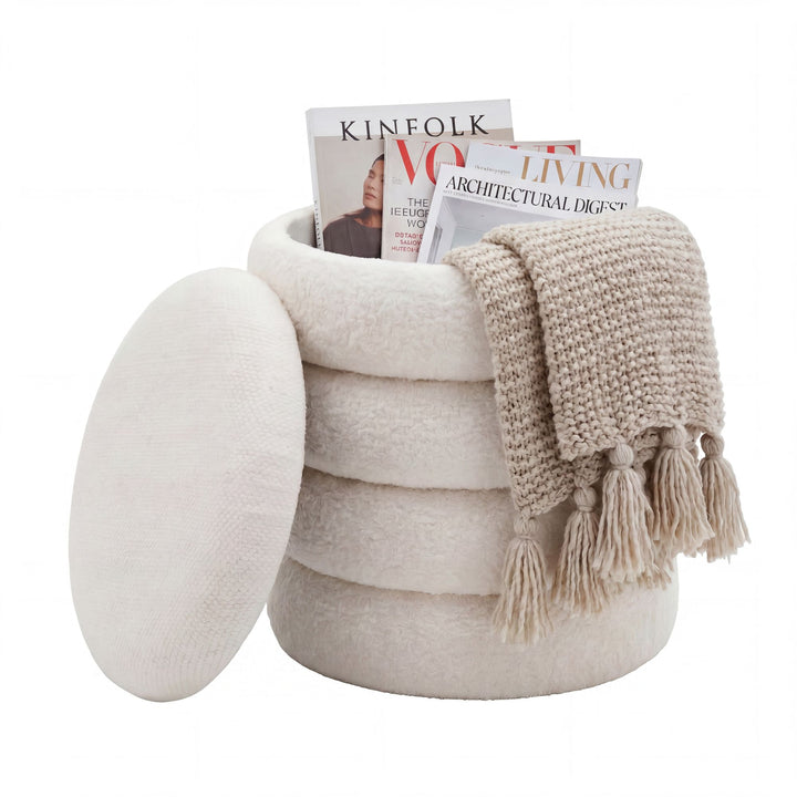 Puf med opbevaring i teddystof - Ø40 cm - Creme - Håndlavet