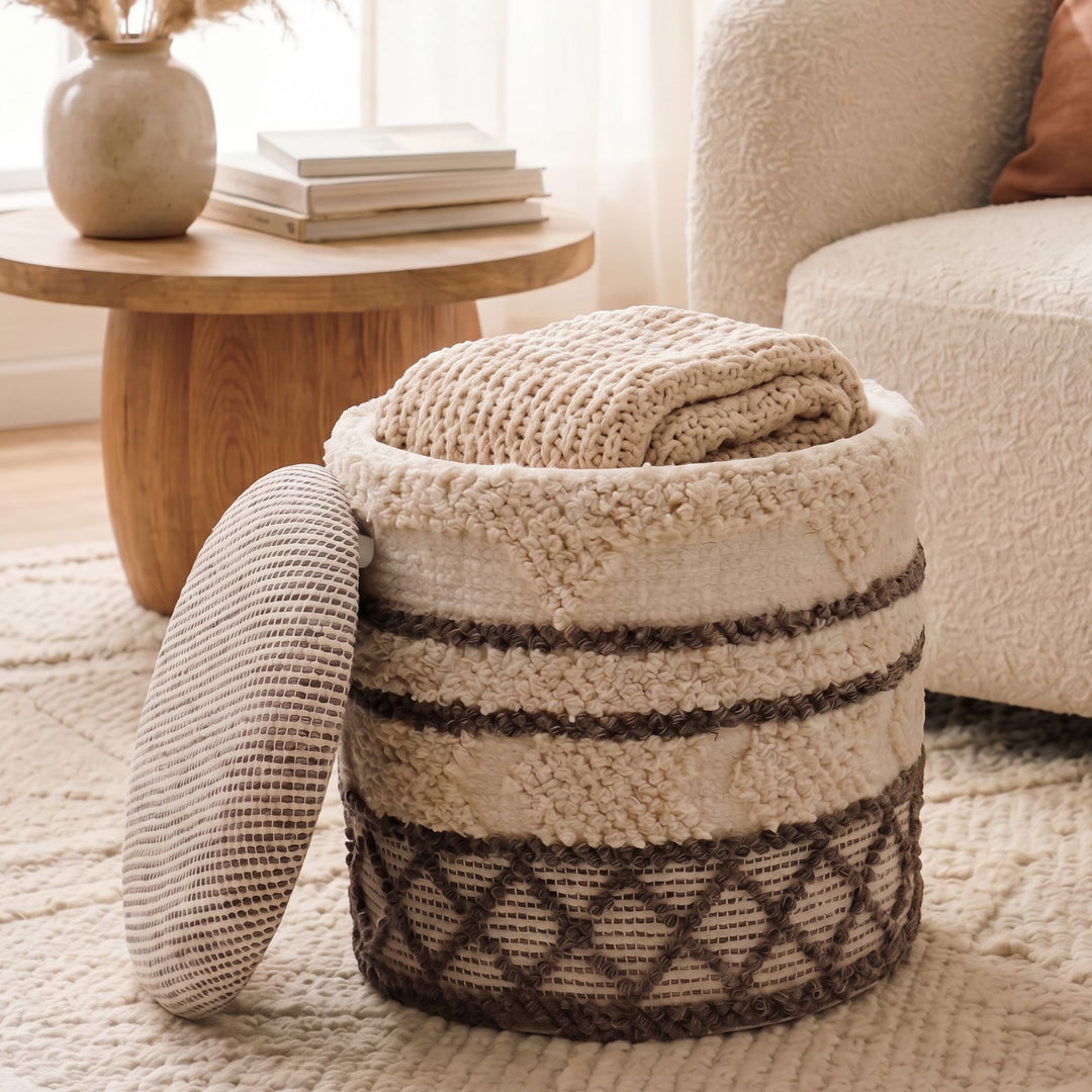 Puf med opbevaring i uld - Ø40 cm - Beige - Håndlavet