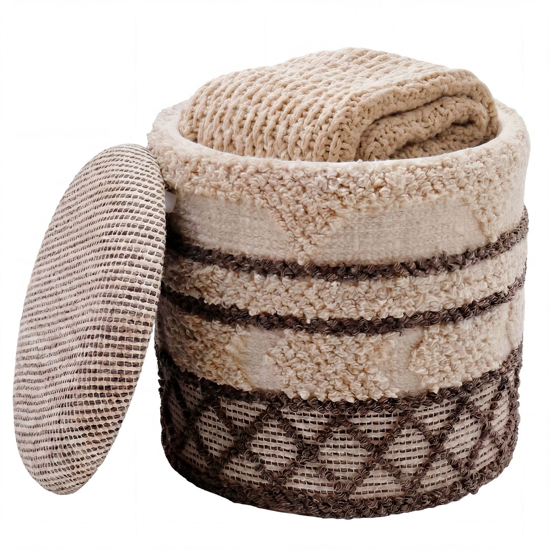 Puf med opbevaring i uld - Ø40 cm - Beige - Håndlavet