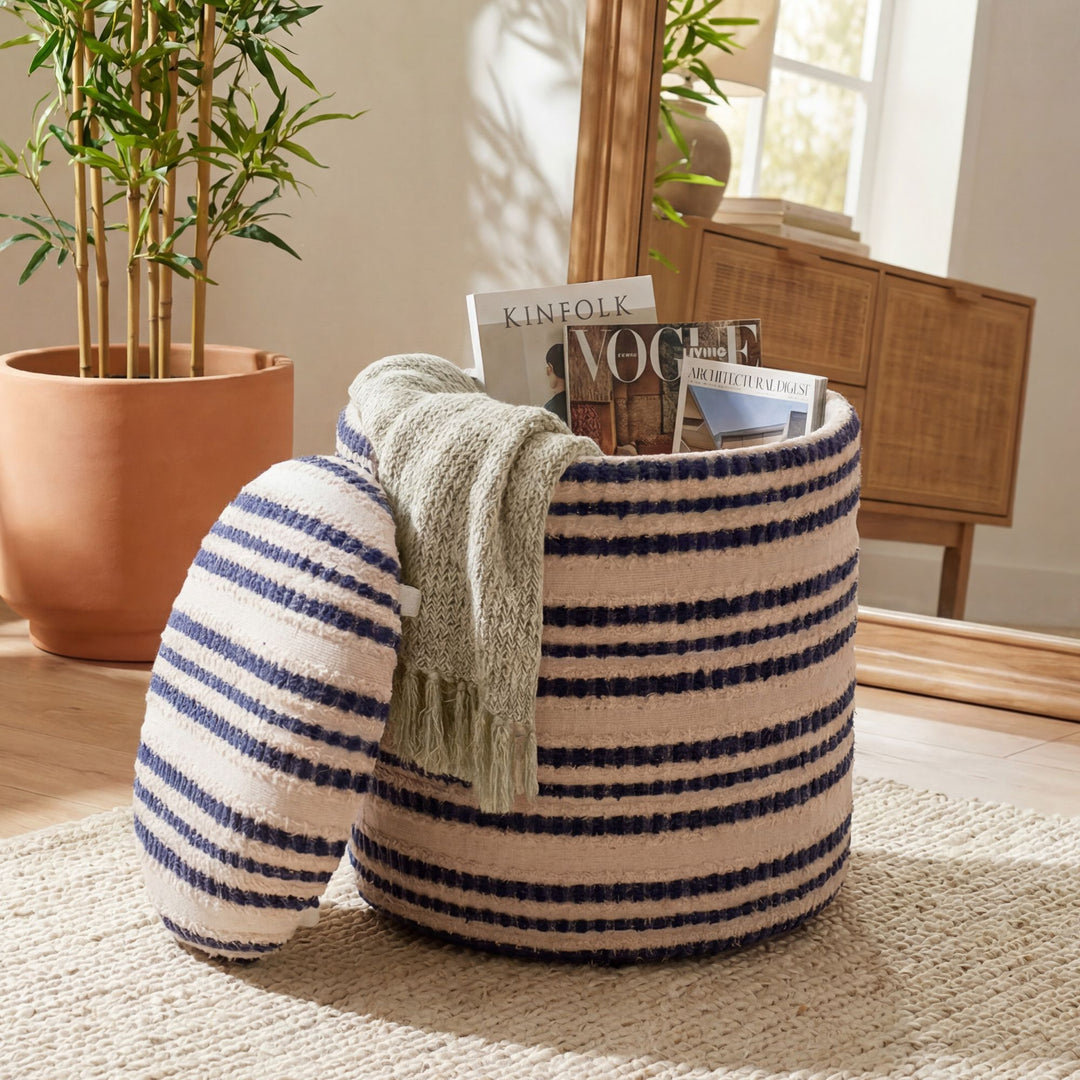 Puf med opbevaring i bomuld - Ø40 cm - Beige - Håndlavet