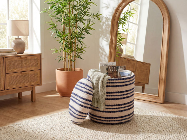 Puf med opbevaring i bomuld - Ø40 cm - Beige - Håndlavet