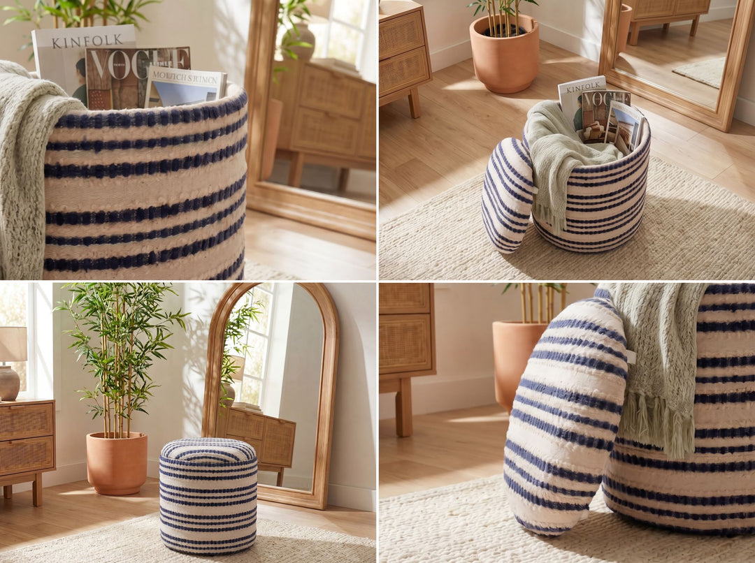 Puf med opbevaring i bomuld - Ø40 cm - Beige - Håndlavet