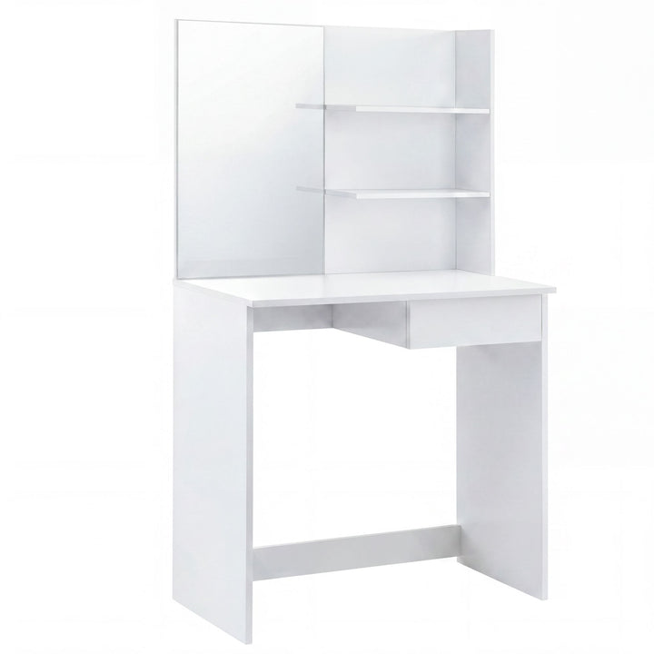 Sminkebord 75 cm hvid – moderne sminkebord med spejl og reol – hvidt sminkebord med skuffe