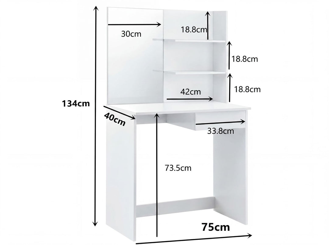 Sminkebord 75 cm hvid – moderne sminkebord med spejl og reol – hvidt sminkebord med skuffe