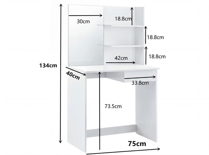 Sminkebord 75 cm hvid – moderne sminkebord med spejl og reol – hvidt sminkebord med skuffe