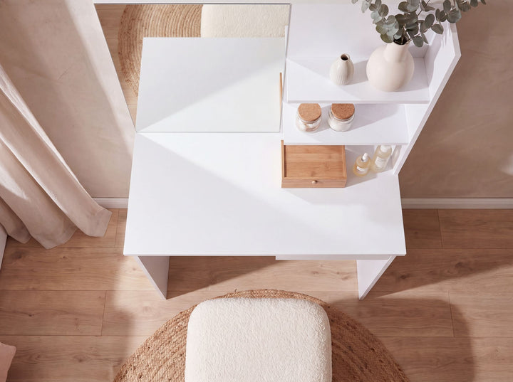 Sminkebord 75 cm hvid – moderne sminkebord med spejl og reol – hvidt sminkebord med skuffe