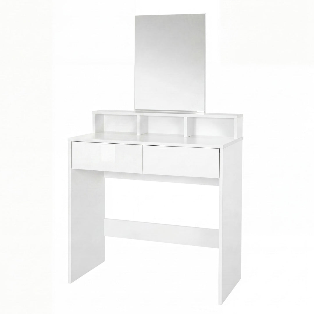 Sminkebord 80 cm hvid – moderne sminkebord med spejl og reol – hvidt sminkebord med 2 skuffer