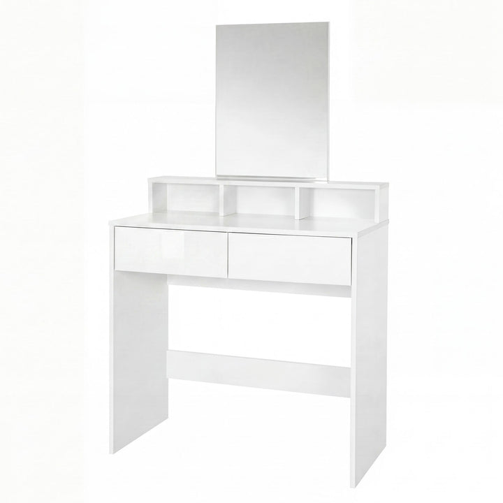 Sminkebord 80 cm hvid – moderne sminkebord med spejl og reol – hvidt sminkebord med 2 skuffer