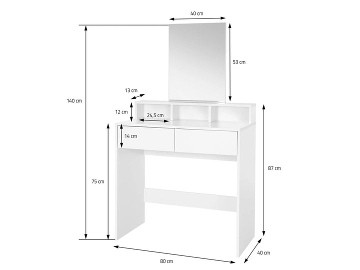 Sminkebord 80 cm hvid – moderne sminkebord med spejl og reol – hvidt sminkebord med 2 skuffer