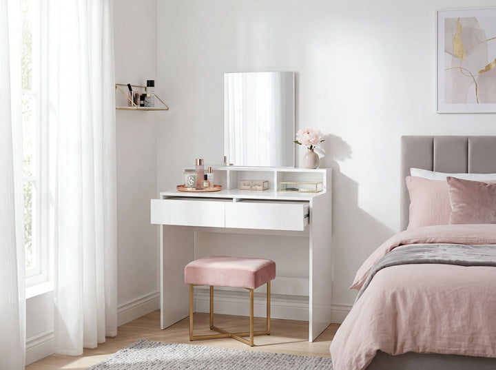 Sminkebord 80 cm hvid – moderne sminkebord med spejl og reol – hvidt sminkebord med 2 skuffer