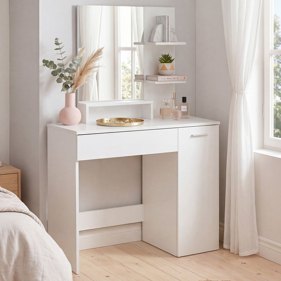 Sminkebord 90 cm hvid – moderne sminkebord med spejl og reol – hvidt sminkebord med skuffe og skab