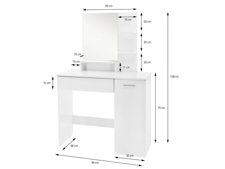 Sminkebord 90 cm hvid – moderne sminkebord med spejl og reol – hvidt sminkebord med skuffe og skab