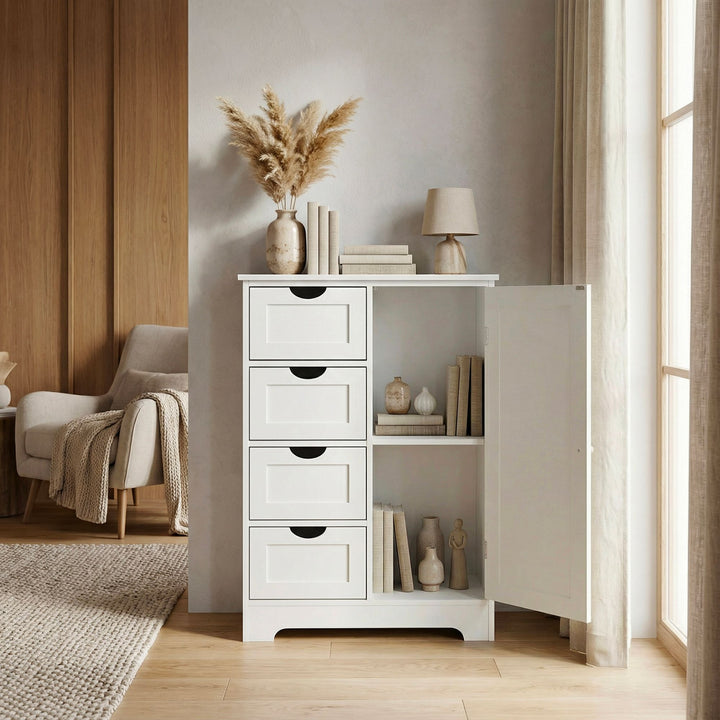 Smalt stående skab med skuffer og dør 55x80 cm - Opbevaringsskab lavet af MDF hvid