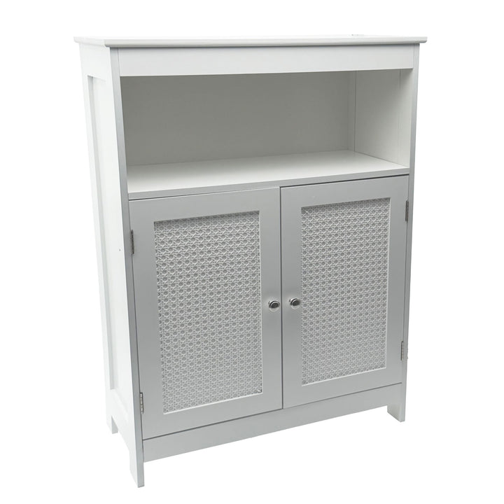 Stående skab hvidt 80cm - Opbevaringsskab med 2 låger i rattandesign og hylde  - Kommode med skuffer, wienerflet-sideskab