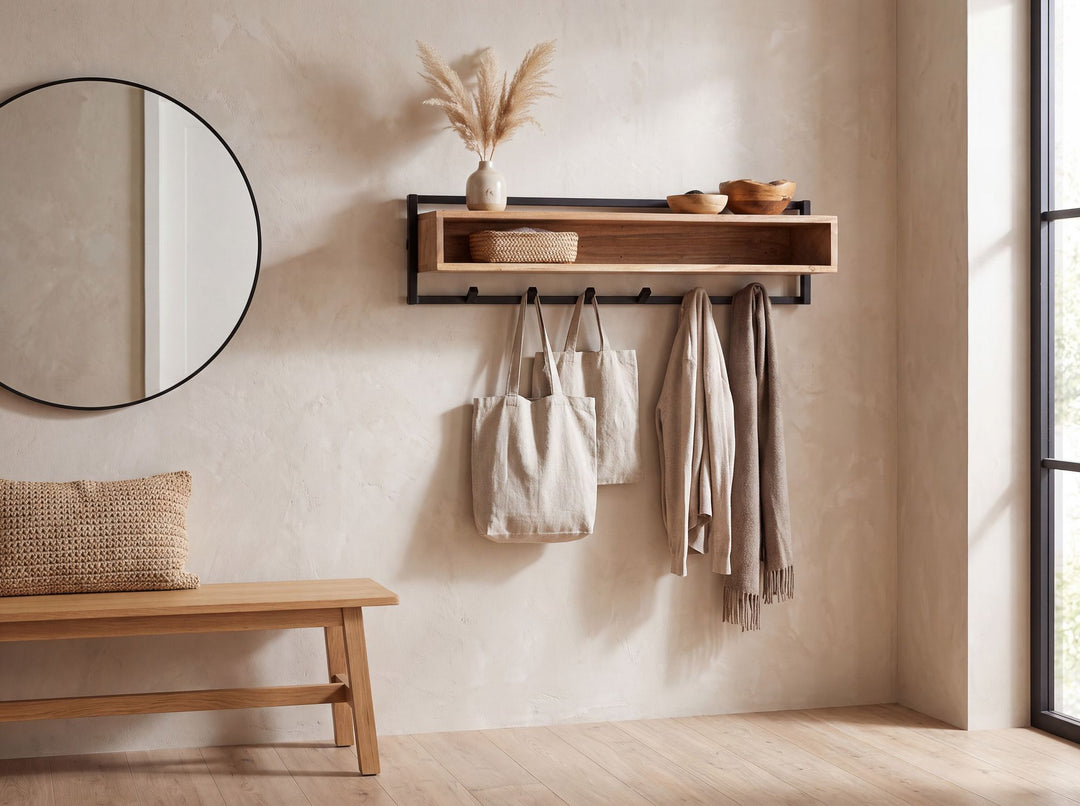 Vægknagerække i massivt akacietræ 90 cm med hylde – moderne garderobepanel med 6 knager – håndlavet knagerække til entréen