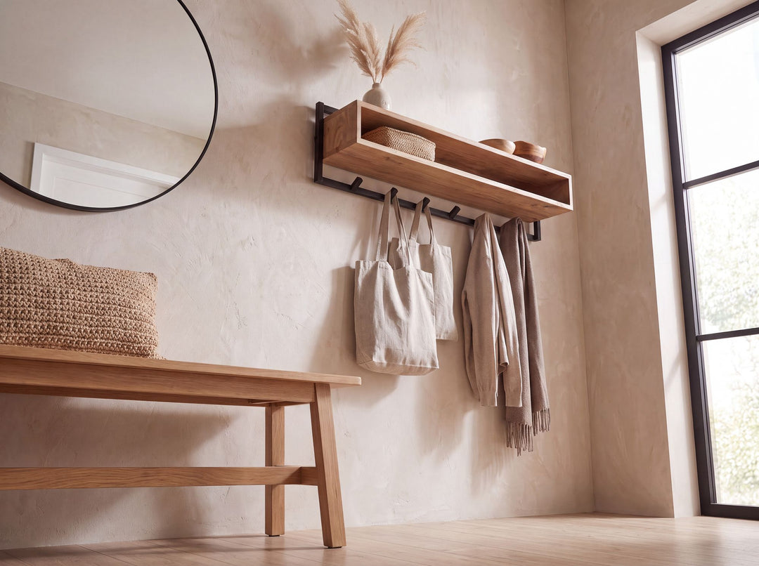 Vægknagerække i massivt akacietræ 90 cm med hylde – moderne garderobepanel med 6 knager – håndlavet knagerække til entréen