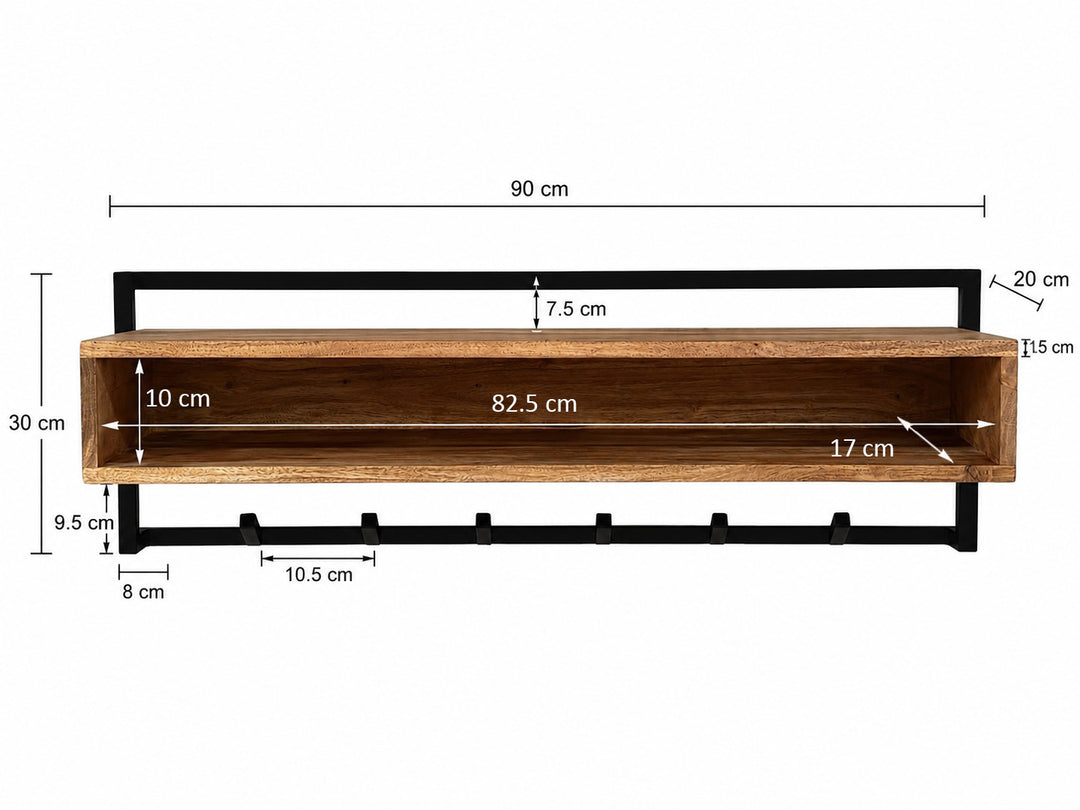 Vægknagerække i massivt akacietræ 90 cm med hylde – moderne garderobepanel med 6 knager – håndlavet knagerække til entréen