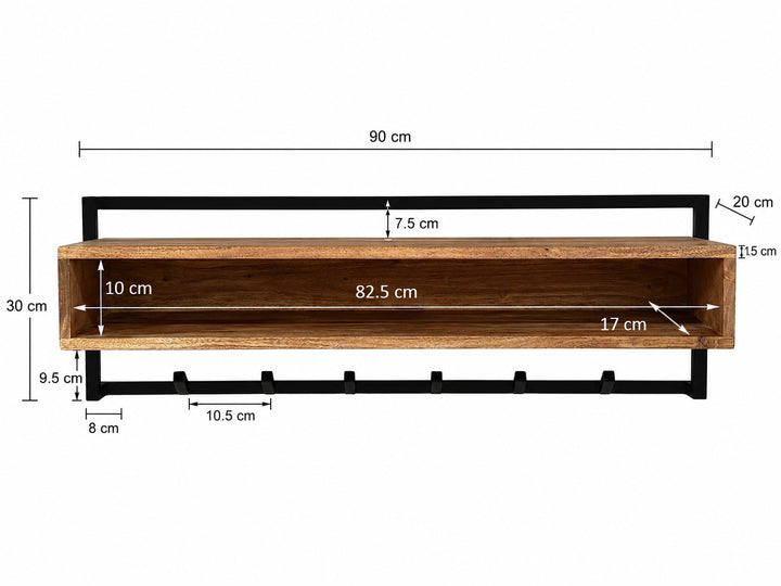 Vægknagerække i massivt akacietræ 90 cm med hylde – moderne garderobepanel med 6 knager – håndlavet knagerække til entréen