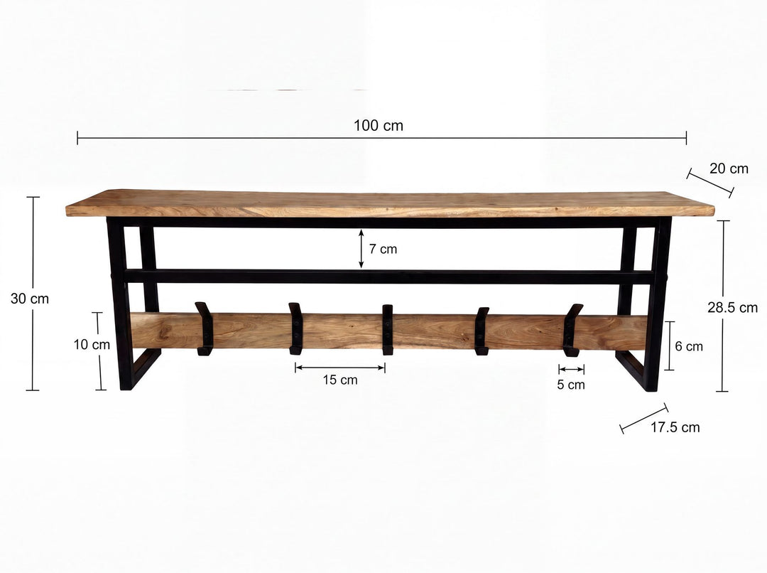 Vægknagerække i massivt akacietræ 100 cm med hylde – moderne garderobepanel med 5 knager og bøjlestang – håndlavet knagerække til entréen