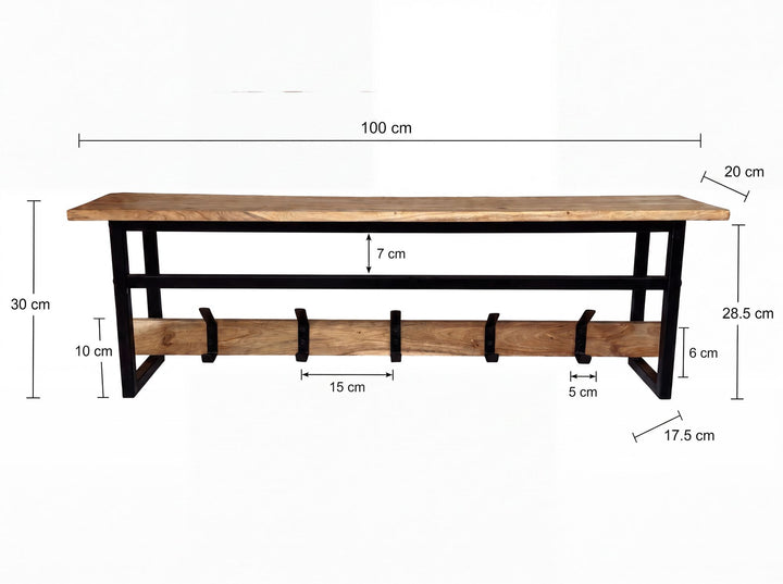 Vægknagerække i massivt akacietræ 100 cm med hylde – moderne garderobepanel med 5 knager og bøjlestang – håndlavet knagerække til entréen