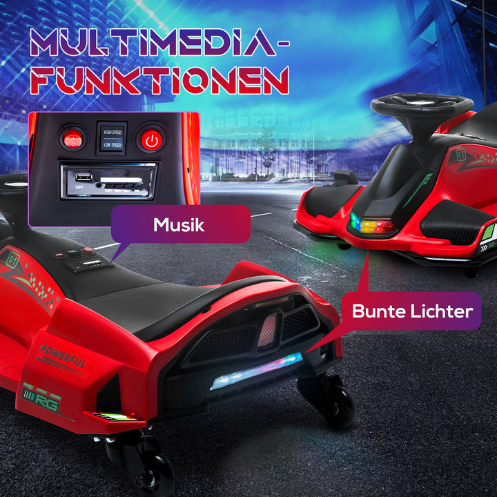 Elektrisk gokart til børn, gummihjul, 3-8 km/t, med lys og musikfunktion, rød