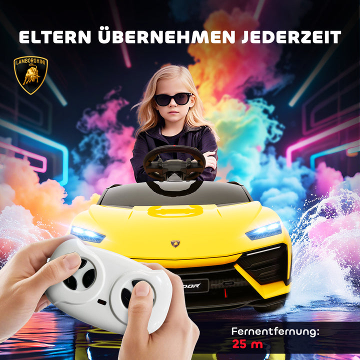 Børne elbil, 12V, med 2,4 GHz fjernbetjening, 2 motorer, horn, LED-lys, musik, 101,5 x 49 x 43 cm, gul