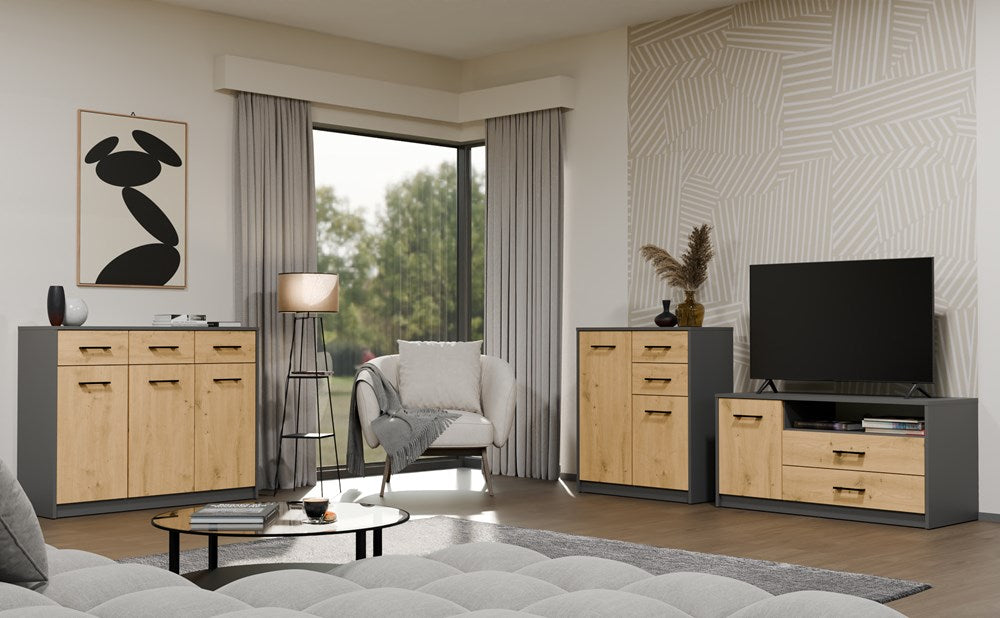 Moderne TV-bord / TV-skab, kommode,  antracit og naturfarvet