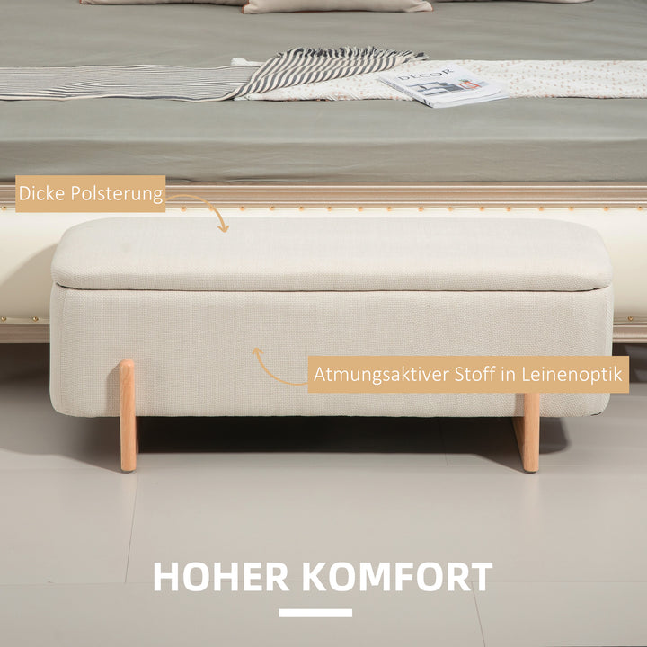 Skammel med opbevaringsplads, bænk med skumpolstring, imiteret linned, 111 x 44 x 44,5 cm, cremehvid