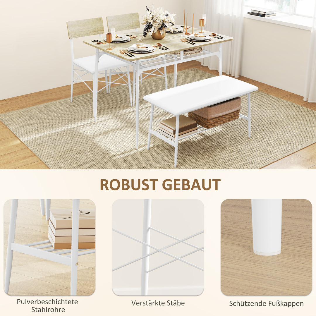 4-delt spisebordssæt med stole og bænk til 4 personer, polstrede sæder, stålstel, træ, eg