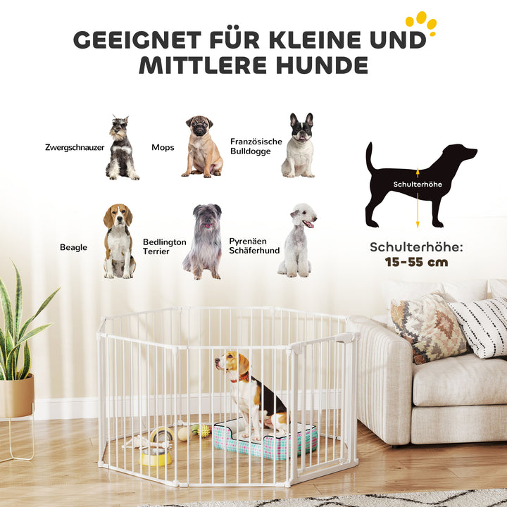 Kæledyrshegn, 8-panels barriere med dør, foldbar, til små og mellemstore hunde, plastik, kulstofstål, hvid