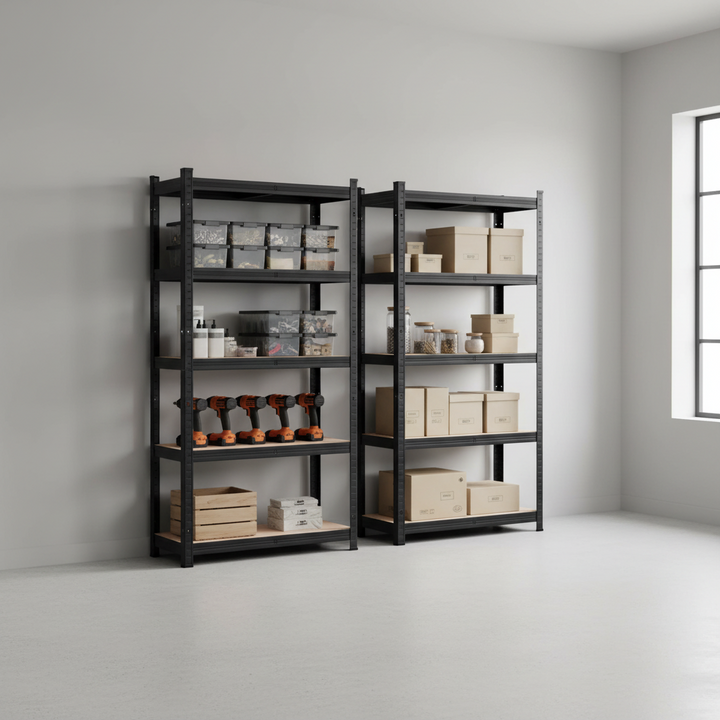 2 kraftige reoler, 875 kg, 180x90x40 cm, sort