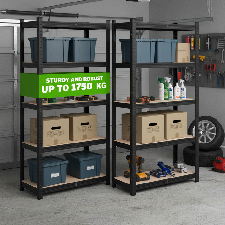 2 kraftige reoler, 875 kg, 180x90x40 cm, sort